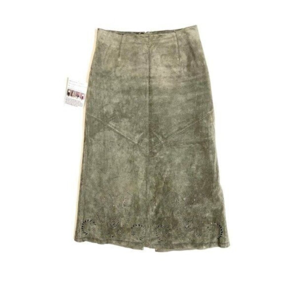 SIENA STUDIO Gray Suede Leather A Line Midi Skirt Laser Cut Hemline SZ 4 Petite